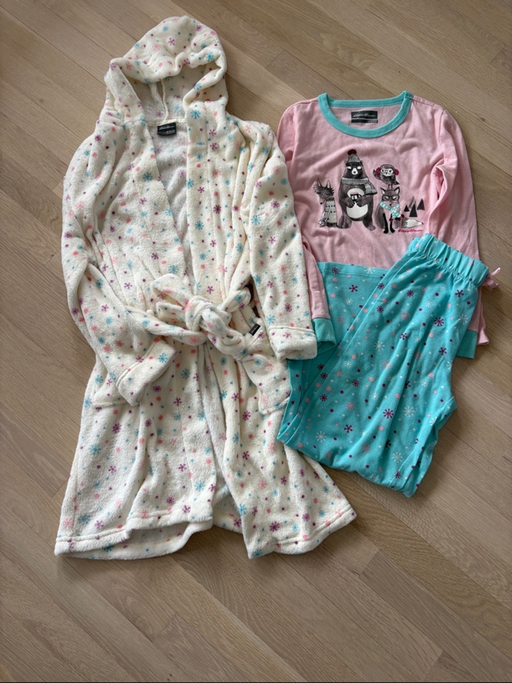 Eddie Bauer Cream Star Fleece Robe with Pink Top & Teal Snowflake Pajama Pants